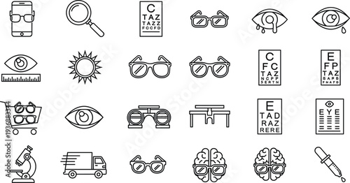 Eye care and vision test outline icon set glasses chart ophthalmology vector symbols collection