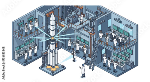 Isometric Rocket Launch Control Room with Scientists and Countdown