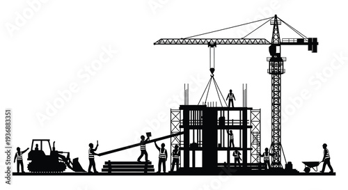 Construction site illustration featuring a tower crane workers and building framework in black high quality professional