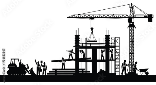 Construction site silhouette featuring a crane building workers and heavy machinery high quality professional detailed modern