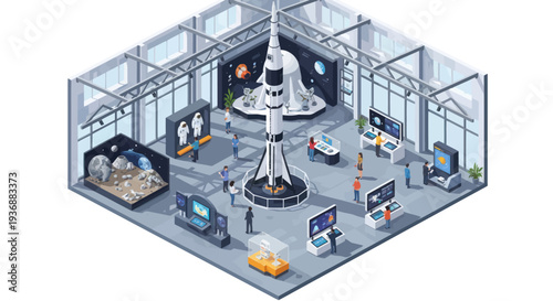 Space Museum Exhibit: Rocket, Astronauts, Planets in Isometric View