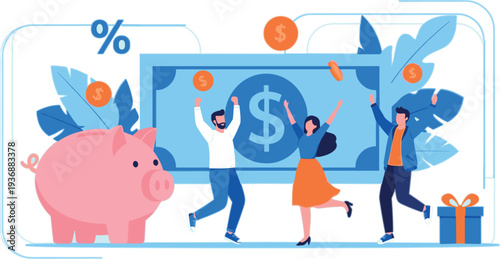 Financial Success and Savings Growth Concept Illustration with Piggy Bank Dollar Sign Gift Box Percentage and Happy People Celebrating Money