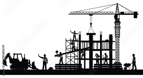 Construction site silhouette featuring a crane workers and heavy machinery in black high quality professional detailed