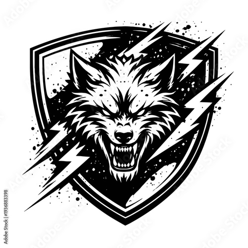 Powerful snarling wolf head logo with piercing yellow eyes, framed by a bold shield and electrifying lightning bolts. This striking monochrome vector art with grunge splatter is ideal for esports, gam
