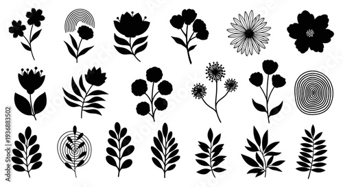 Collection of stylized black floral and foliage silhouettes