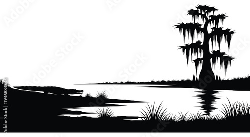 A stark black and white silhouette depicts a swamp scene with a cypress tree and alligator high quality