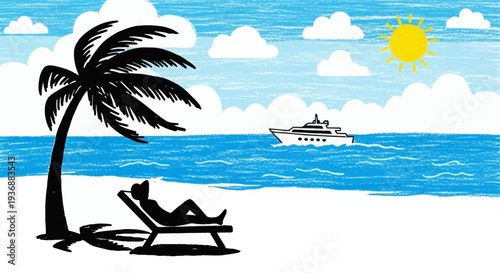 A relaxing beach scene with a palm tree yacht and sunbather