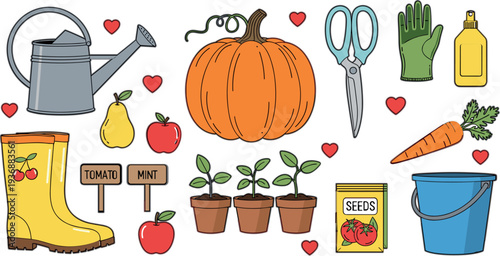 Gardening Tools and Harvest Vegetables Vector Illustration Set with Pumpkin Watering Can Gloves Boots Seeds Plants and Garden Equipment