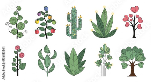 Collection of various hand-drawn plants and botanical illustrations on white background.