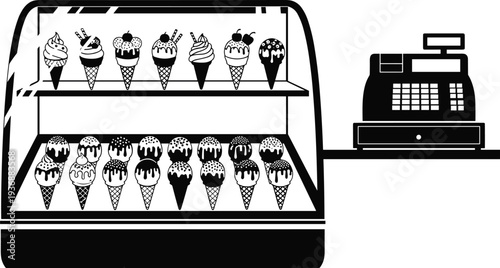 Ice cream display freezer with cash register, dessert shop black vector illustration isolated collection
