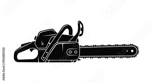A black and white silhouette illustration of a gasoline powered chainsaw on a white background