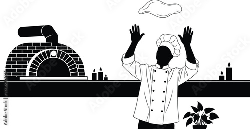 Pizza chef tossing dough in restaurant kitchen, italian pizzeria black vector illustration isolated background