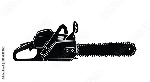 A detailed black and white illustration of a gasoline powered chainsaw with a sharp cutting blade