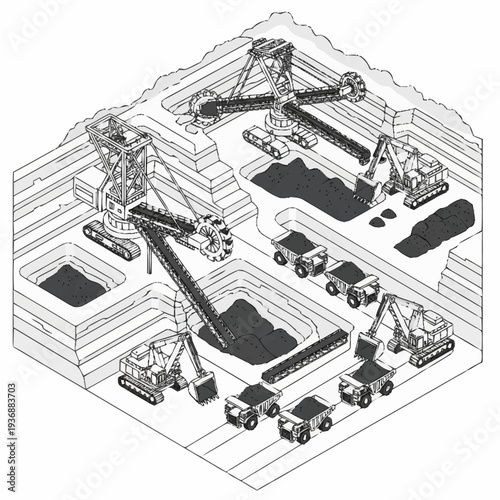 Coal Mining Operation with Heavy Machinery and Trucks.