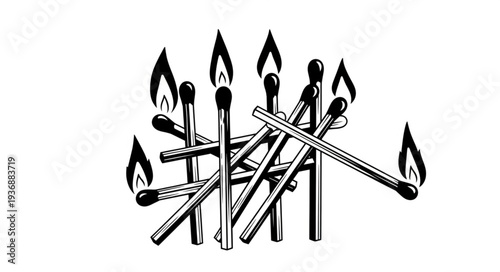 Burning matches illustration depicting fire and combustion, black and white artwork.