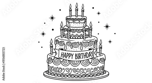 Black and white illustration of a multi-tiered birthday cake with lit candles and a banner that says happy birthday.
