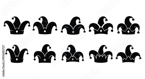 A collection of black jester hats or fool s caps arranged in two horizontal rows high quality