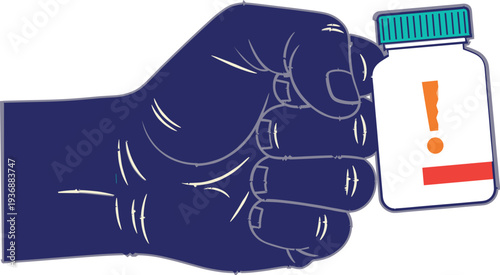 Hand Holding Medicine Bottle with Warning Symbol Vector Illustration Representing Medication Alert, Healthcare Safety, Prescription Risk and Pharmaceutical Caution Concept