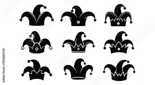A collection of nine black silhouettes depicting various styles of jester or fool s hats high quality