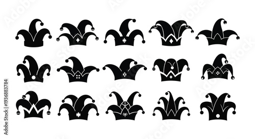 A collection of black jester hats with varying designs and perspectives presented in a grid