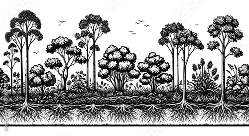 A detailed black and white illustration depicts a lush forest scene with various tree types