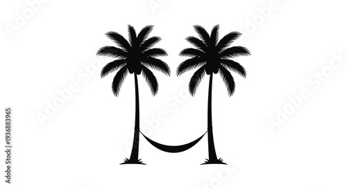 Two silhouetted palm trees frame a hammock suspended between them on a white background high quality
