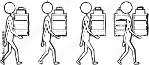 Human Walking with Battery Pack Showing Energy Consumption Levels Vector Illustration Representing Fatigue, Power Usage, Stamina Decline and Daily Energy Concept