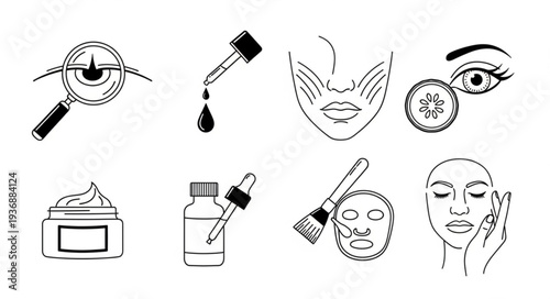 Skincare routine illustrations showcasing various beauty treatments and products for facial care.