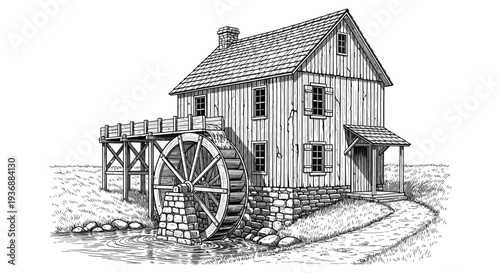 Detailed illustration of a historic wooden grist mill with a water wheel and stone foundation
