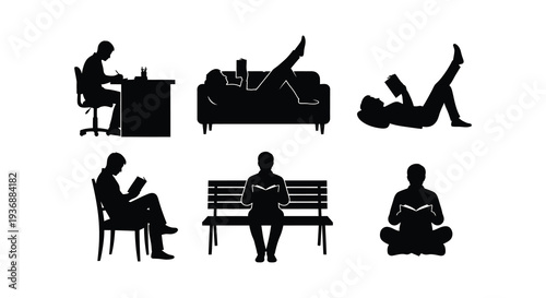 Silhouettes of people reading and relaxing in various positions and settings high quality professional detailed modern