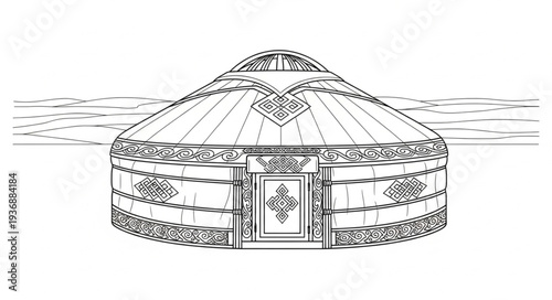 Detailed illustration of a traditional yurt dwelling, showcasing intricate architectural design.