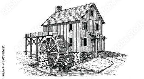 Detailed ink sketch depicts a historic wooden mill with a water wheel and surrounding landscape