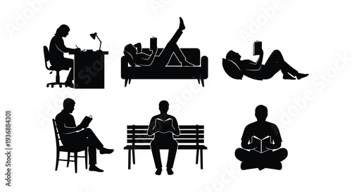 Black silhouettes depict various relaxing and studious poses with people and furniture high quality professional detailed