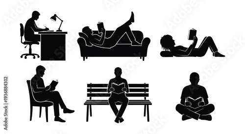 Various silhouettes depict people reading in different relaxed and focused positions high quality professional detailed modern