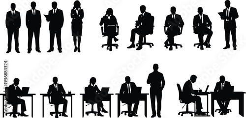 Business people silhouette set, office workers meeting corporate team black vector illustration isolated collection