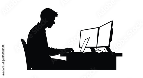 Silhouette of a man working on a computer with dual monitors at a desk high quality