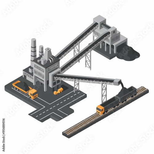 Industrial Coal Processing Plant with Conveyor Systems and Transportation.
