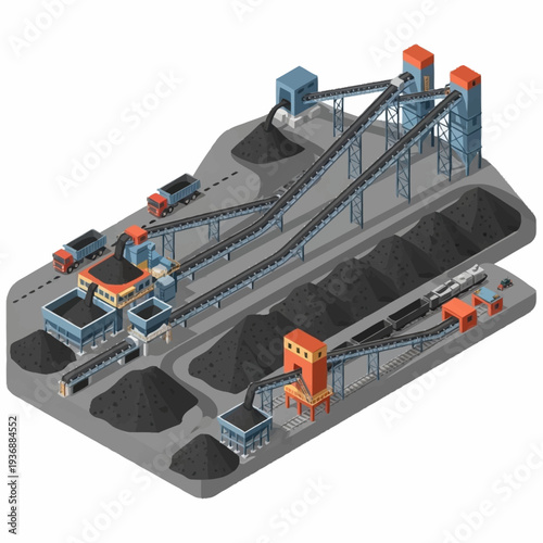 Industrial Coal Processing Plant with Conveyor Belts and Piles.