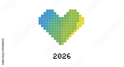 Pixel art heart with gradient colors and the year 2026.