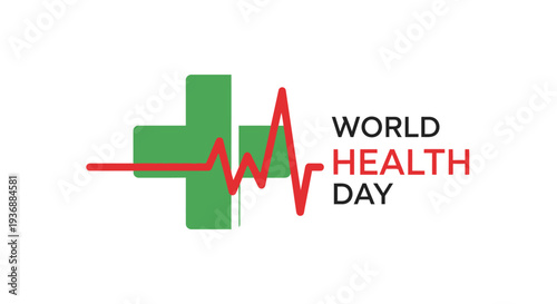 World Health Day logo with green cross and red heartbeat line.