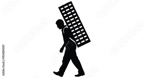 Silhouette of a man carrying a large rectangular object on his back while walking high quality