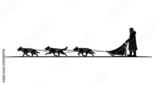 A silhouetted image depicts a musher leading a team of five huskies pulling a sled