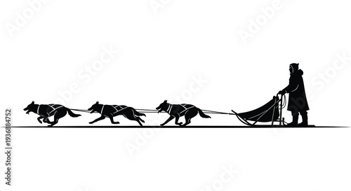 A silhouetted depiction of a dog sled team being led by a musher across snowy terrain