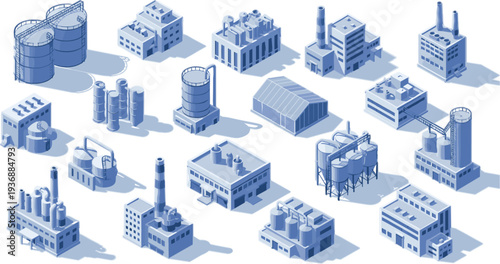 Industrial Factory Buildings Isometric Vector Set with Power Plant Warehouse Oil Refinery Storage Tanks and Manufacturing Facilities Infrastructure Collection