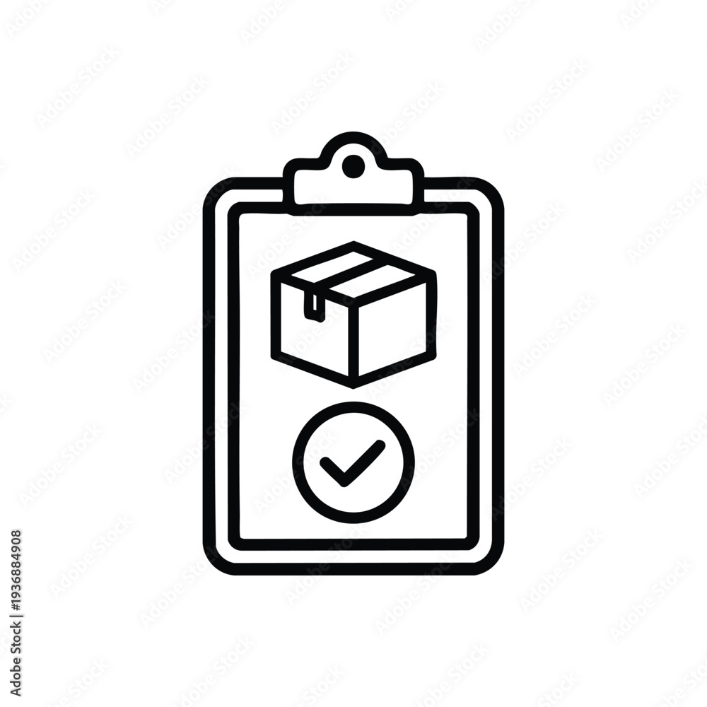 Fototapeta premium Black and white logistics checklist icon with parcel box and approved delivery sign on clipboard