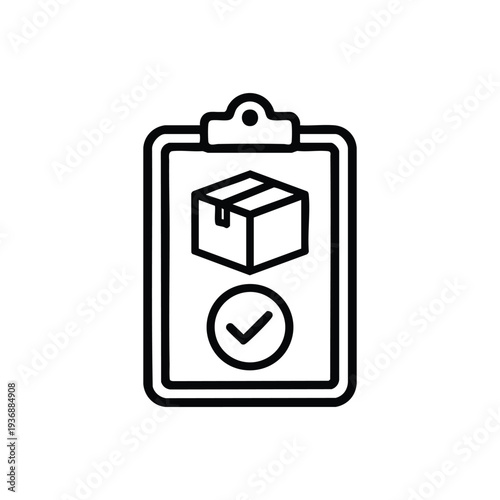 Black and white logistics checklist icon with parcel box and approved delivery sign on clipboard