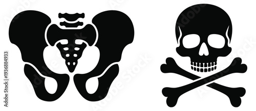 Black and white icon depicting fractured human pelvis with skull and crossbones symbol, medical danger sign