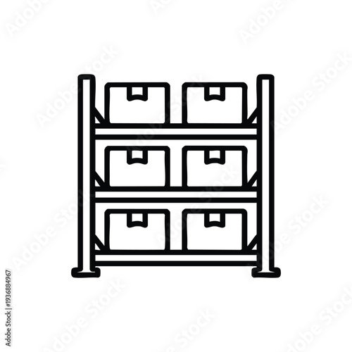 Warehouse shelving with boxes black and white vector icon for logistics and storage