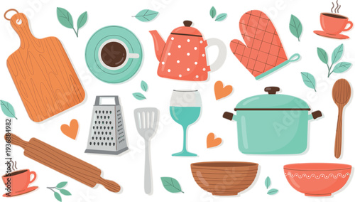 Kitchen Utensils and Cooking Tools Vector Set with Teapot Pot Oven Mitt Cutting Board Coffee Cup Rolling Pin and Kitchenware Illustration