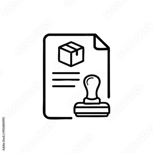 Logistics shipping document with approved stamp line art black and white vector icon for warehouse and delivery services